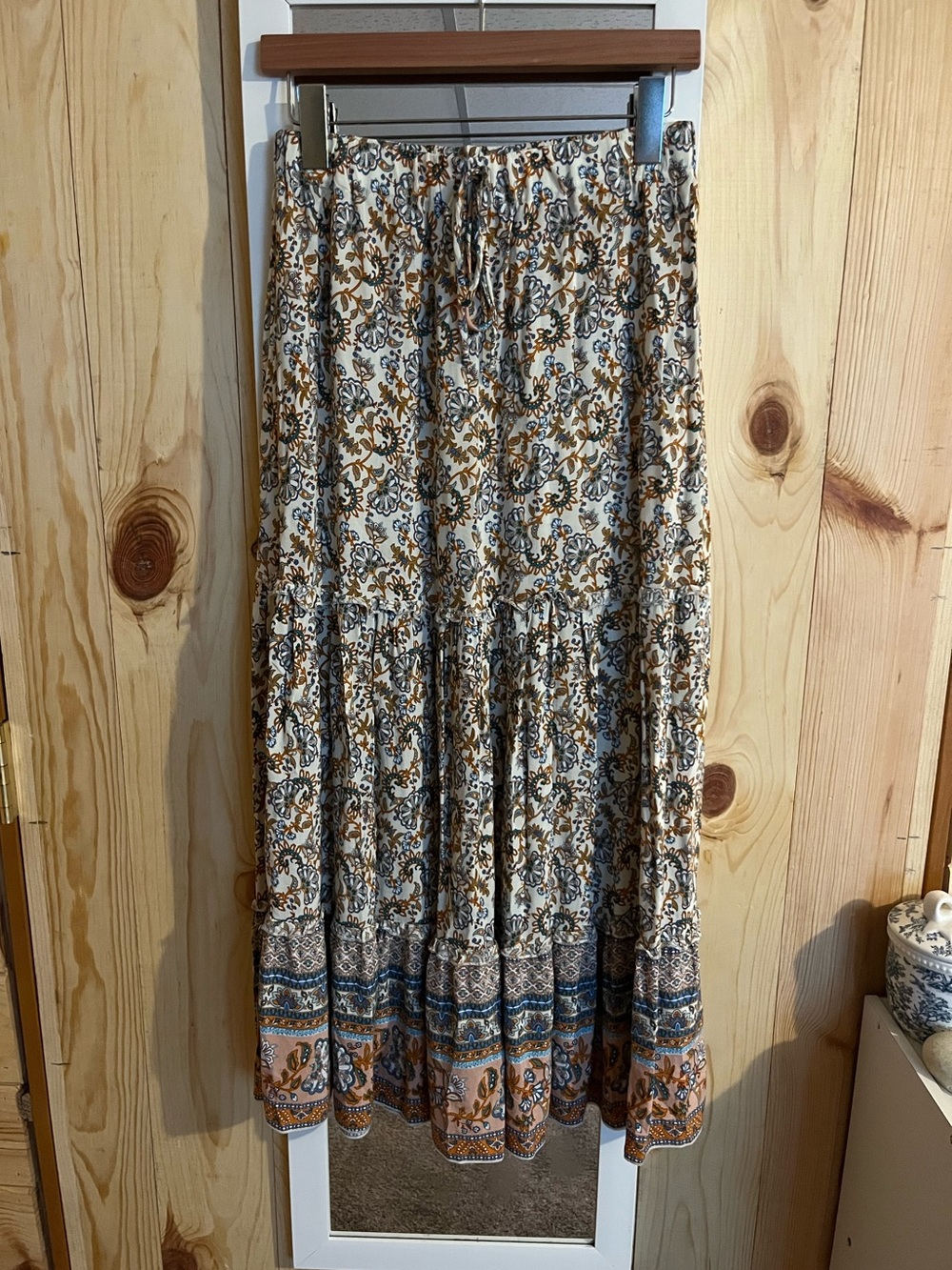 Boho Navy Orange White Maxi Skirt 100% Rayon